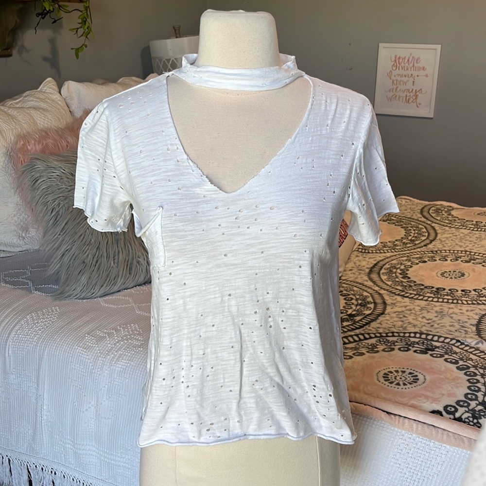 White Top Dotted in Holes Crop Womens S Shirt Pocket Tee Solid
